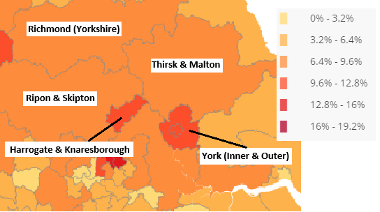 Map showing numbers of people in North Yorkshire who have signed the petition